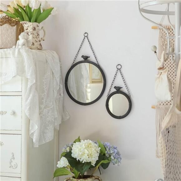 11.2" Decorative Small Hanging Mirrors Vintage Rustic Round Metal Framed - Picture 2 of 6